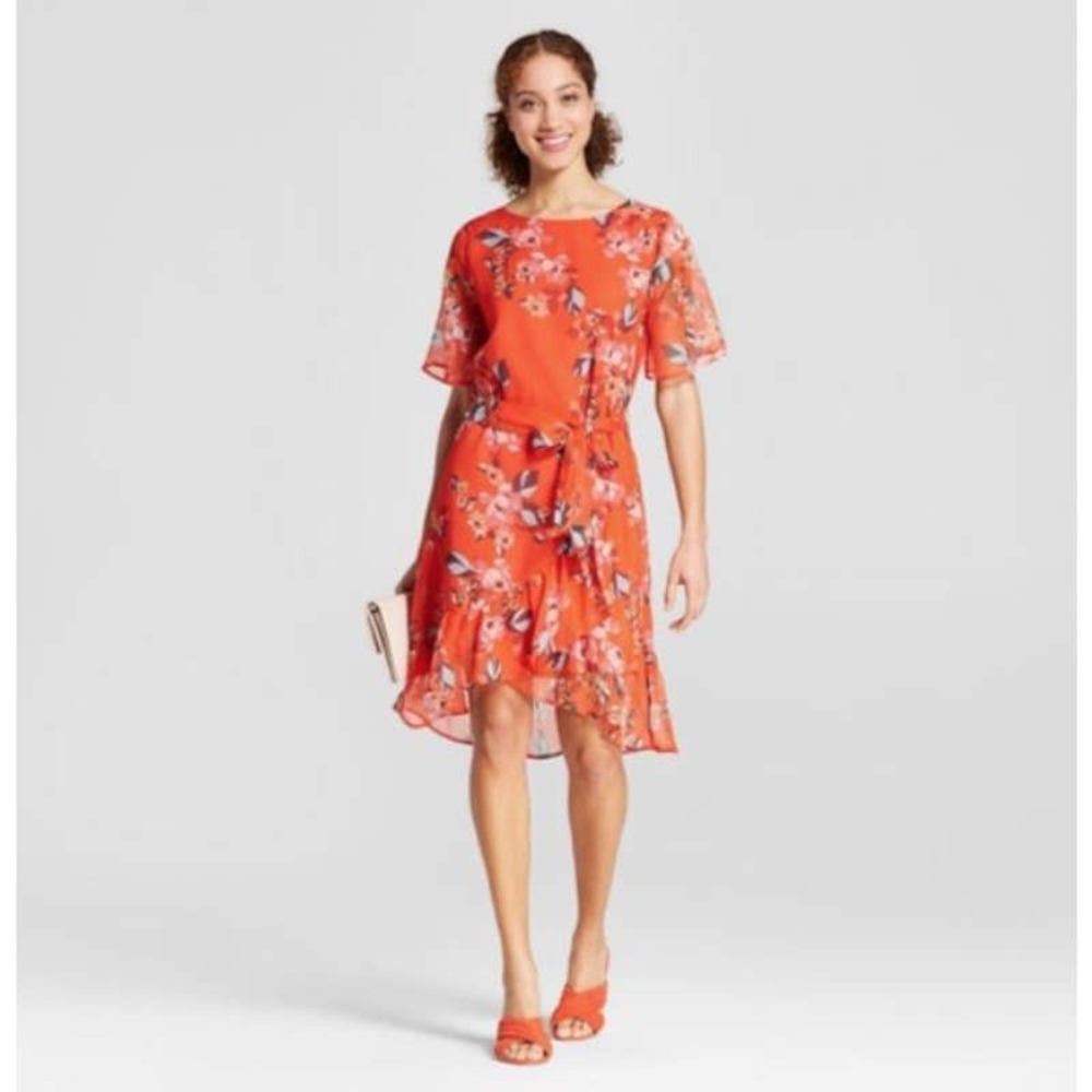 3/$15 A New Day Floral Print Short Sleeve Ruffle Wrap Dress in Red - Picture 2 of 14